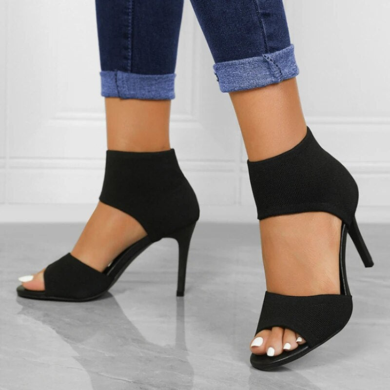 Women New Designer Knitted High Heels Sandals Summer 2023 Square Toe Thick Heeled Sandal Woman Sexy Slingbacks Black Party Shoes